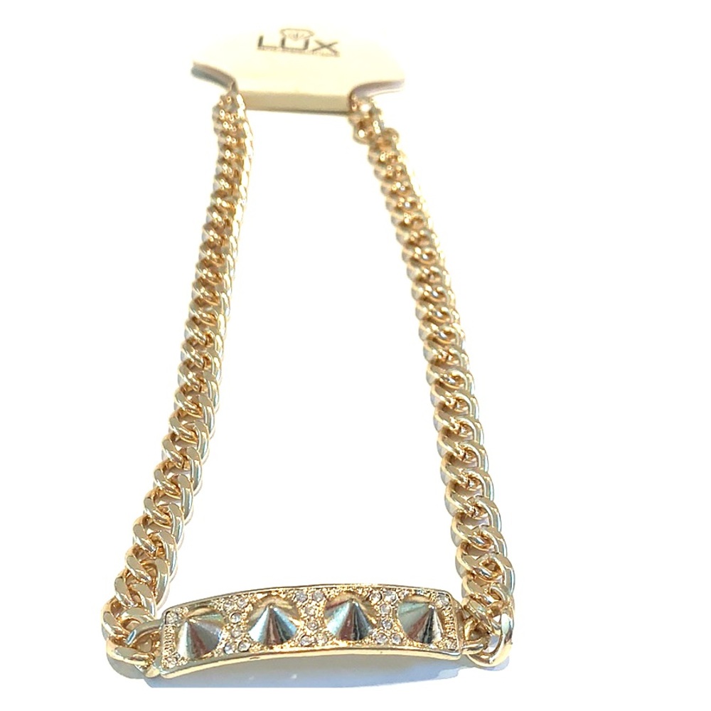 Studded dog tag with gold chain